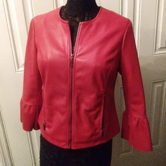 Red Faux Leather Pleather Jacket Collarless Ruffle Sleeve Alfani Petite Medium - Picture 1 of 10